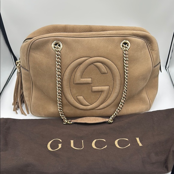Gucci Handbags - Gucci Tan SoHo Suede Shoulder Bag with Chain Straps & Dust Bag